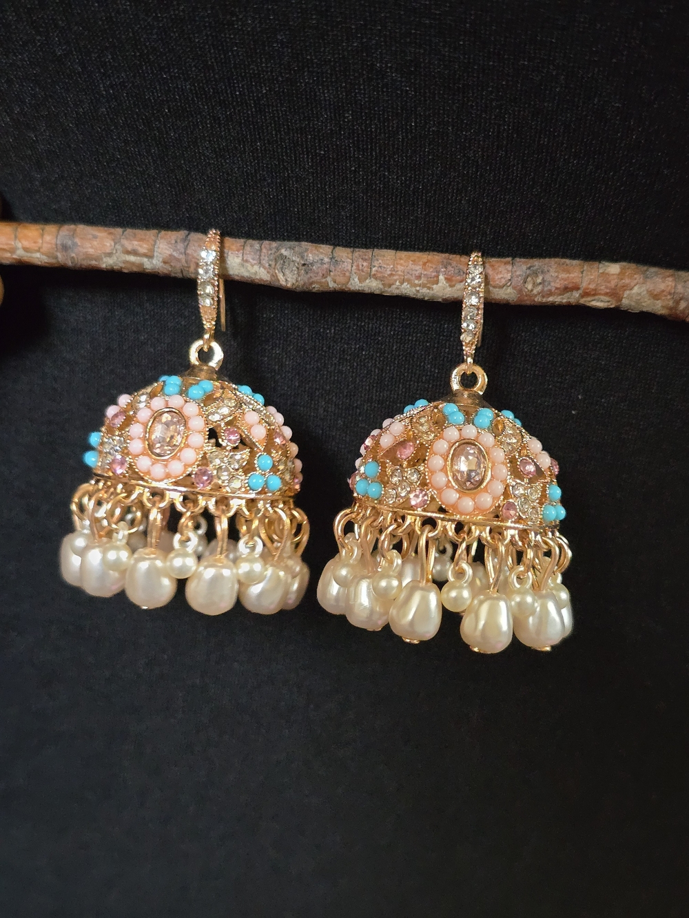 Gold-Tone Pink Turquoise Pearl Jhumka Earrings